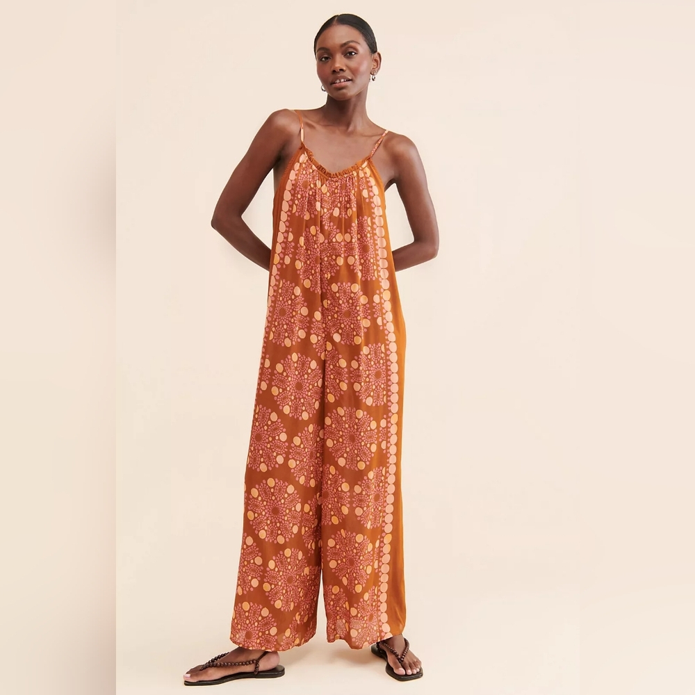 Anthropologie Keep An Eye Rust Printed Low-Back Wide-Leg Jumpsuit Modal